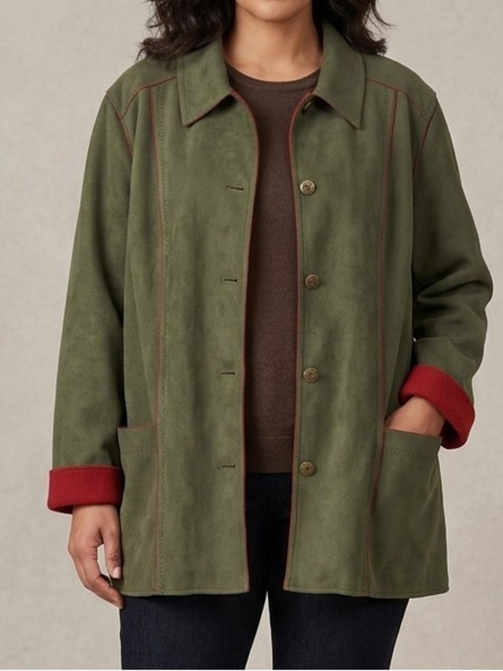 Alfred Dunner Olive Green Faux Suede Utility Jacket WOmenβs Size 20 XXL 2XL 20W